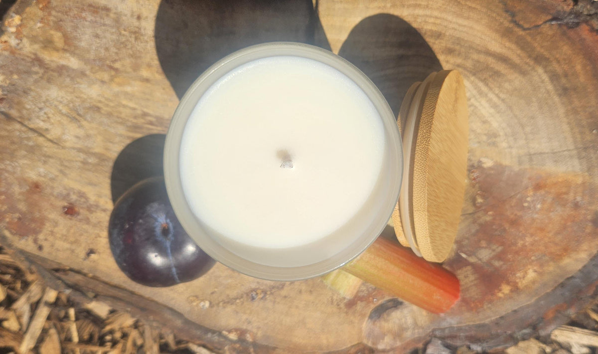 Black Plum & Rhubarb Scented Soy Wax Candle, Frosted Glass, Bamboo Lid