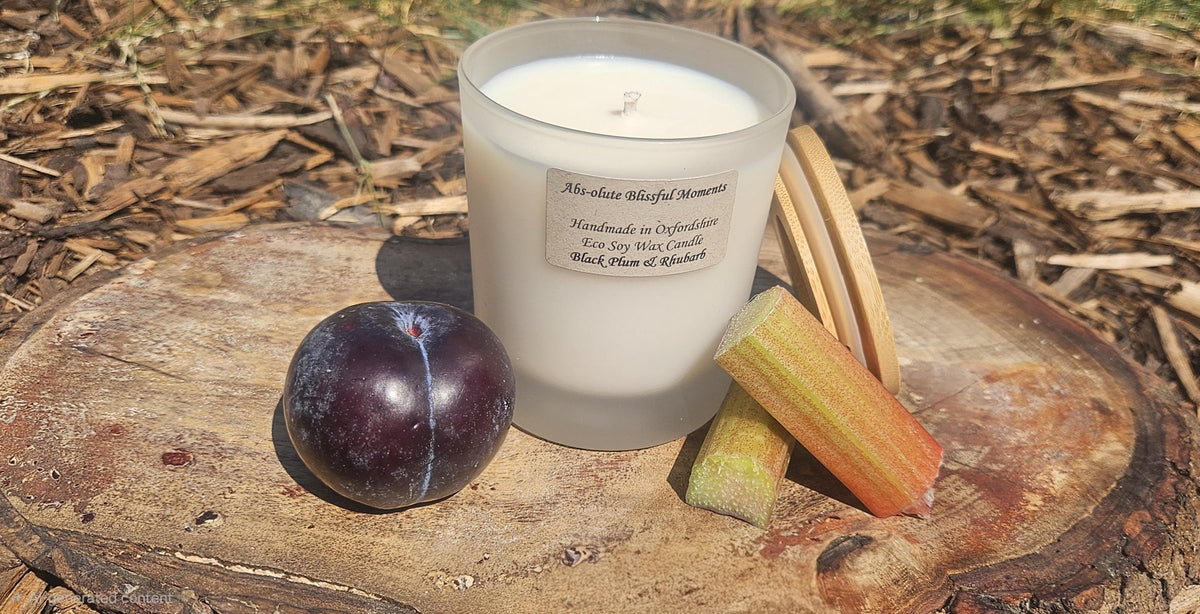 Black Plum & Rhubarb Scented Soy Wax Candle, Frosted Glass, Bamboo Lid
