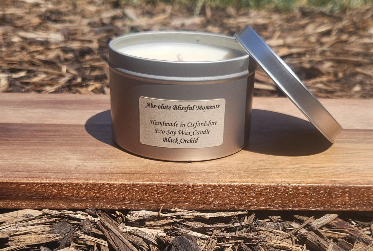 Black Orchid Scented Soy Wax Candle in Large Tin