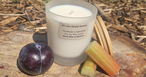 Black Plum & Rhubarb Scented Soy Wax Candle, Frosted Glass, Bamboo Lid