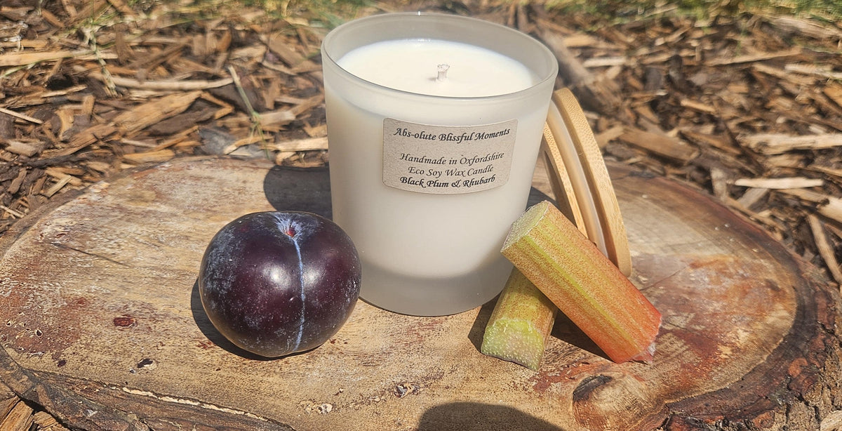 Black Plum & Rhubarb Scented Soy Wax Candle, Frosted Glass, Bamboo Lid